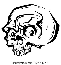 Vector black and white illustration of human skull with a lower jaw in ink hand drawn style.