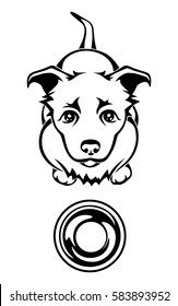 Vector black and white illustration of a hungry dog begging for food with an empty bowl.