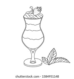 vector black white illustration of ice cream with mint leaves. Dessert in a glass. Hand drawn outline drawing, sketch. Object isolated on white background.Can use for design of menu