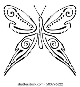 Vector black and white  illustration of insect. Butterfly isolated on the white background. Hand drawn contour lines and strokes. Decorative logo, icon, sign, tattoo. Graphic vector illustration. 