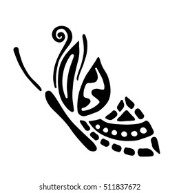 Vector black and white  illustration of insect. Butterfly isolated on the white background. Hand drawn decorative vector logo, icon, sign, tattoo. Graphic vector illustration. 