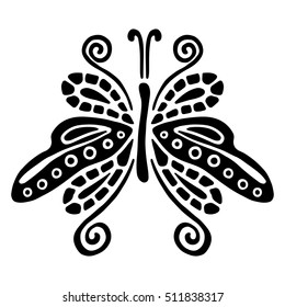 Vector black and white  illustration of insect. Butterfly isolated on the white background. Hand drawn decorative vector logo, icon, sign, tattoo. Graphic vector illustration. 
