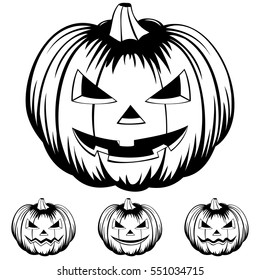 Vector black and white illustration jack-o-lantern halloween pumpkins set isolated on white background. 