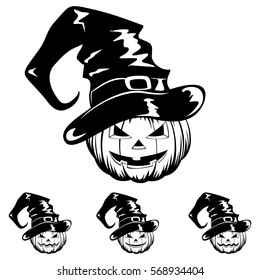 Vector black and white illustration jack-o-lantern halloween pumpkins with witch hat set. 