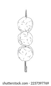 Vector black and white illustration of a Japanese kebab on a skewer. Asian cuisine wallpaper for menu, packaging, cafe, restaurant.