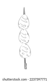 Vector black and white illustration of a Japanese kebab on a skewer. Asian cuisine wallpaper for menu, packaging, cafe, restaurant.