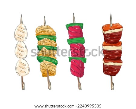 Vector black and white illustration of a Japanese kebab on a skewer. Asian cuisine wallpaper for menu, packaging, cafe, restaurant.