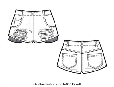 Vector black and white illustration of jean shorts. Clothes in denim style. Front and back views