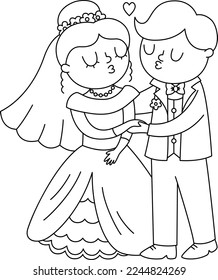 Vector black and white illustration with kissing bride and groom. Cute just married couple. Wedding ceremony line icon. Cartoon marriage coloring page with newly married couple, first kiss
