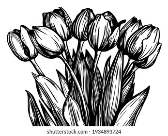 Vector black and white illustration of a large bouquet of tulips in a graphic style on a transparent background. For festive decor.