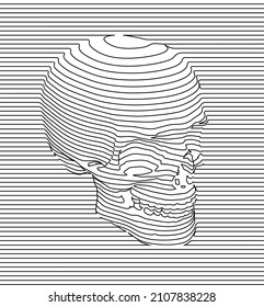 Vector black and white illustration of line art skull on continuous horizontal line pattern background.