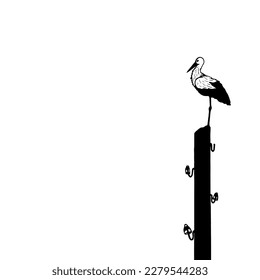 Ilustración vectorial en blanco y negro de una cigüeña solitaria sentada en un poste telegráfico.