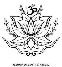 Vector black and white illustration of lotus flower and om ohm aum symbol isolated on white background. Yoga, meditation, relaxation.