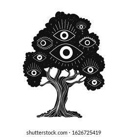 Vector black white illustration with magic tree and eyes. Spiritual print design, mystic home decoration poster. 