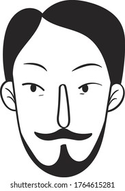 Vector black and white illustration man vintage portrait with black hair, mustache and beard, goatee beard
