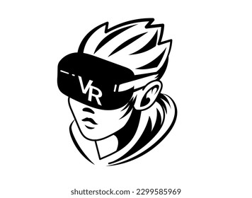 Vector black and white illustration of man head with virtual reality helmet on white background. Line art flat style logo design of vr user avatar for web, banner, print, logotype