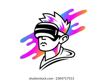 Ilustración vectorial en blanco y negro de la cabeza del hombre con casco de realidad virtual sobre fondo de color. Diseño de logotipo de estilo plano de línea de arte para avatar de usuario vr para web, banner, impresión, logotipo