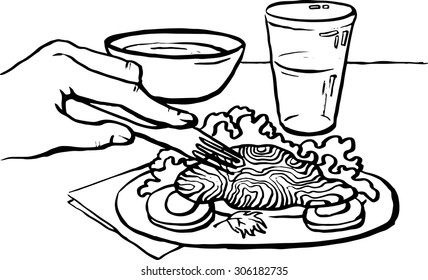 Vector black and white illustration of a man eats healthy food. Manual drawing