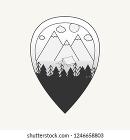 Vector black and white illustration of map pin with mountains, tent and forest. Logo badge for trekking outdoor activity, adventure label and trip symbols. For travel agency, tour brochure, banner. 