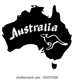 Vector black and white illustration with a map Australia, calligraphy and kangaroo