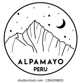 Vector black and white illustration of mount Alpamayo in Peru. Mountains, adventure, trekking, climbing, hiking, camping. Print design.  Hand drawn, sketch, lines.