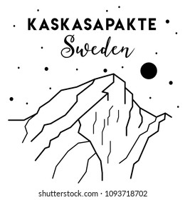Vector black and white illustration of mountain Kaskasapakte in Sweden. Scandinavian Mountains. Travel and tourism. Hiking, trekking, climbing. Print design