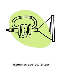 Vector black and white illustration of musical instrument trumpet in cartoon hand-drawn style.