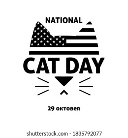 
Vector black and white illustration for National Cat Day in USA. Logo, badge, banner, postcard, postcard, print for cat lovers