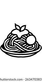 vector or black and white illustration of noodles or spaghetti with sauce and toppings