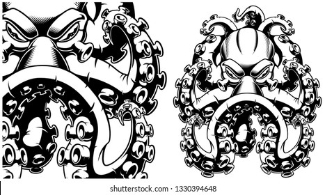 Vector black and white illustration of octopus on a white background. Ideal for T-shirt design