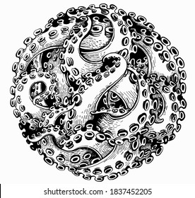 Vector black and white illustration. Octopus tentacles are mixed in the shape of a circle.