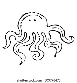 Vector black and white  illustration. Octopus isolated on the white background. Hand drawn contour lines and strokes. Marine  logo, icon, sign, tattoo. Graphic vector illustration. 