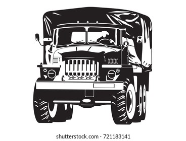 Vector black and white illustration of off-highway military truck