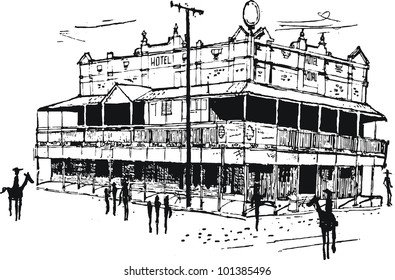 Vector black and white illustration of old Australian hotel and pedestrians.
