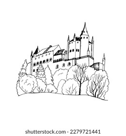 Vector black and white illustration of an old medieval castle in a thicket of trees.