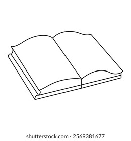 Vector black and white illustration of an open book on a white background.