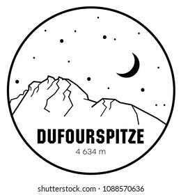 Vector black and white illustration of peak Dufourspitze in Switzerland. Monte Rosa. Mountains. Travel, tourism. Print design.