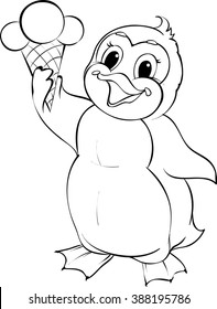 Vector black and white illustration of a penguin holding ice cream cone.