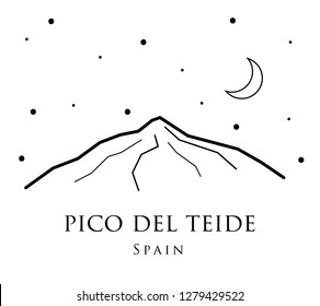 Vector black and white illustration of Pico del Teide. Volcano in Spain. Print design of mountains. Travel and tourism