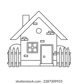 Vector black and white illustration. Picture for coloring. Outline of a house with a fence. Children's illustration.