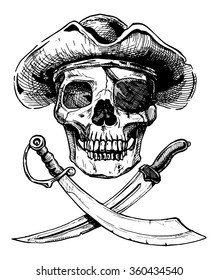 Vector black and white illustration of  pirate skull with  two cross swords in ink hand drawn style.