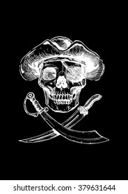 Vector black and white illustration of  pirate skull with  two cross swords in ink hand drawn style. isolated on black.