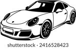 Vector black and white illustration of a Porsche 911