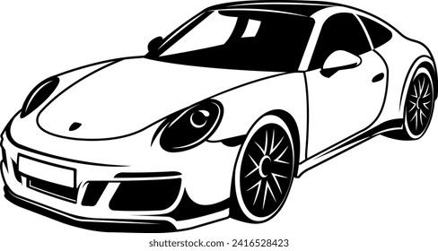 Vector black and white illustration of a Porsche 911