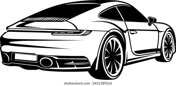 Vector black and white illustration of a Porsche 911