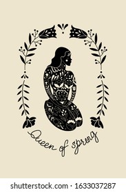 Vector black and white illustration for postcards and posters for International Women's Day. Girl silhouette with floral tattoos