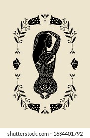 Vector black and white illustration for postcards and posters for International Women's Day. Girl silhouette with floral tattoos.