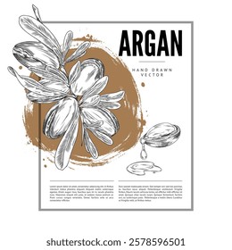 Vector black and white illustration of a poster with a branch and argan oil, in a rectangular frame. Hand drawn. Organic natural product. Cosmetic, medical and food use. Space for text.
