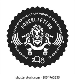 vector black and white illustration of a powerlifting squat with the bar character Leo in sports outfit on a black background club emblem medal