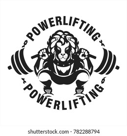 vector black and white illustration of a powerlifting squat with the bar character Leo in sports outfit on a white background isolated club emblem